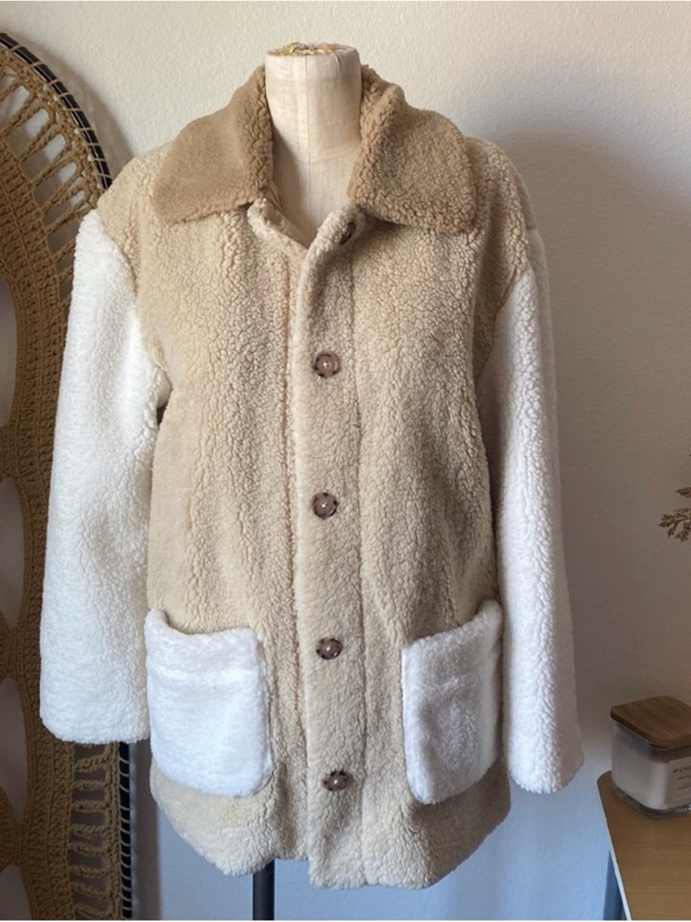 Brixton Two-Tone Teddy Jacket in Beige and Cream
